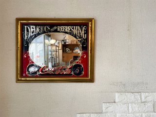 コカコーラ Coca Cola パブミラー ウォールミラー 鏡 60×50cm 木製フレーム ゴールドペイント 店舗什器 ビンテージ Vintage ◎