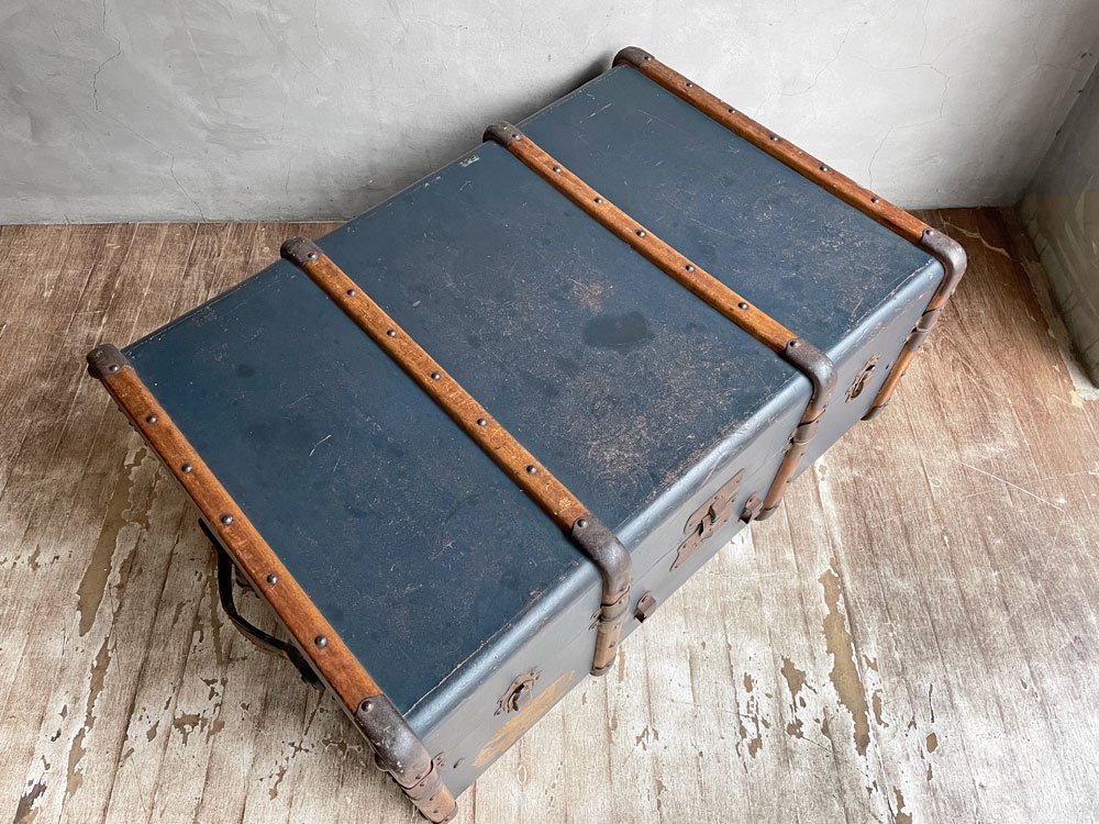 ビンテージ Vintage トランクケース コンテナボックス ネイビーブルー 木製フレーム 店舗什器 ディスプレイ 鍵欠品 ♪