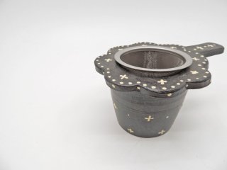 高須愛子 ドット＆クロス柄 茶こし カップ セット ブラック 現代作家 陶器 ●