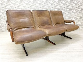 ベルグファニチャー Berg Furniture ビンテージ レザーソファ 3P チーク無垢材フレーム 本革 北欧 デンマーク ●