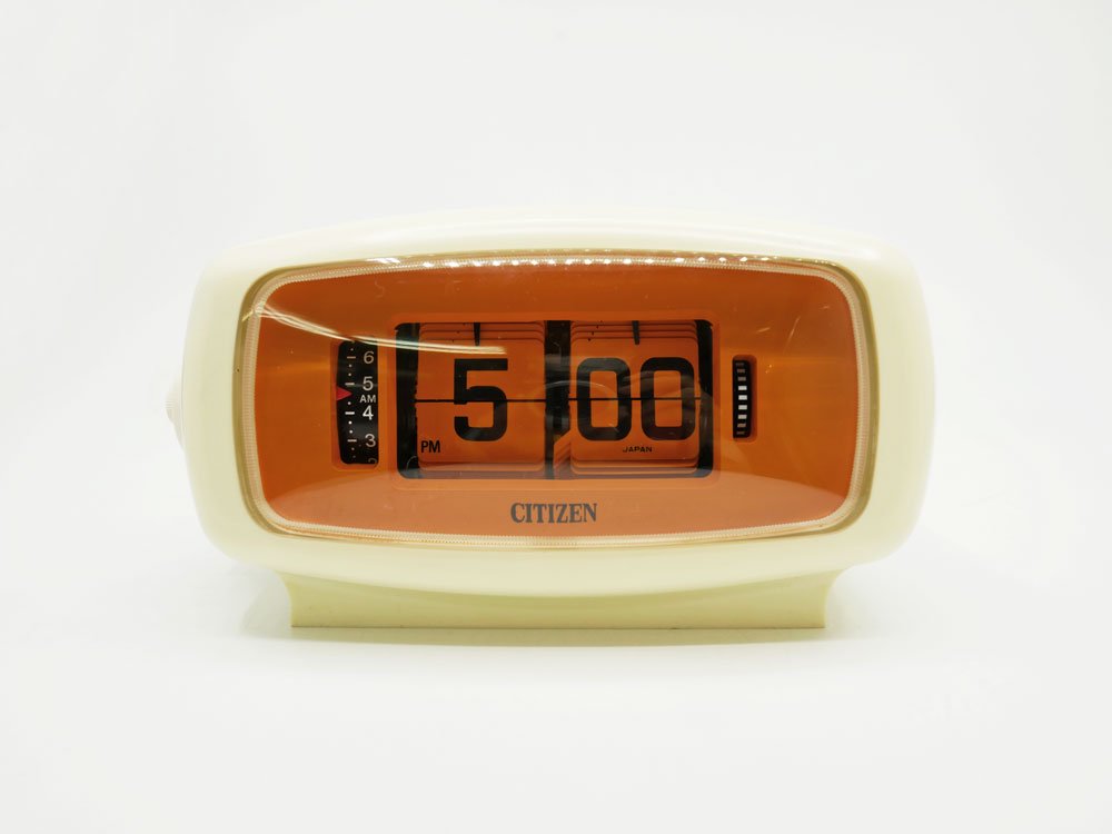 シチズン CITIZEN パタパタ時計 RHYTHM 5RD001N 1973年製 ホワイト×オレンジ アラームクロック 置き時計 レトロ スペースエイジ 箱付き ● 