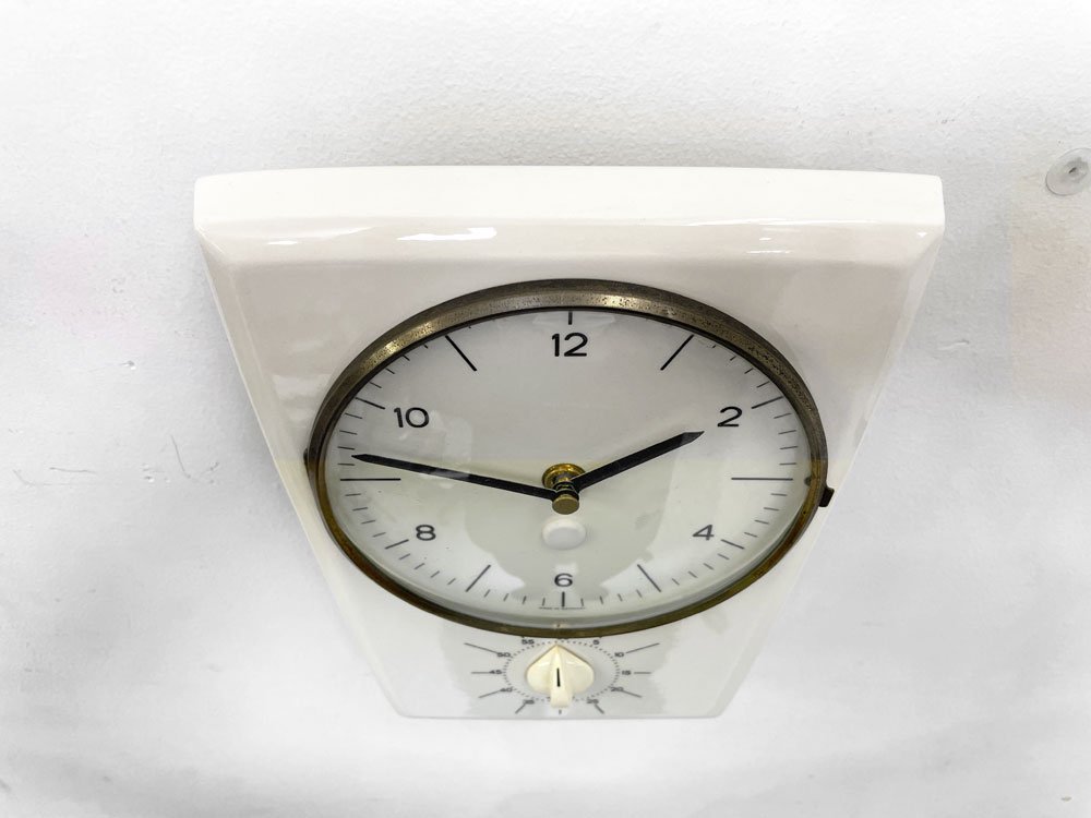ビンテージ 掛け時計 ウォールクロック キッチンタイマー付き アイボリー 陶器 レトロ ドイツ製 ● 