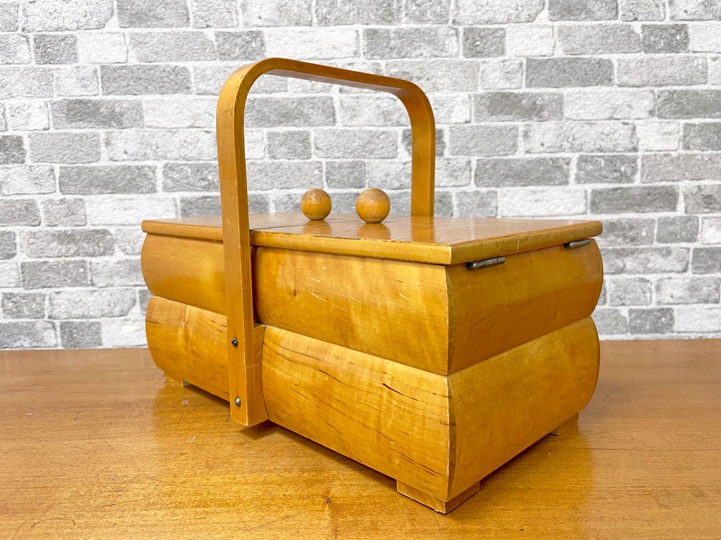 UKビンテージ 木製 ソーイングボックス 裁縫箱 お針箱 収納箱 小物入れ２段 ● 