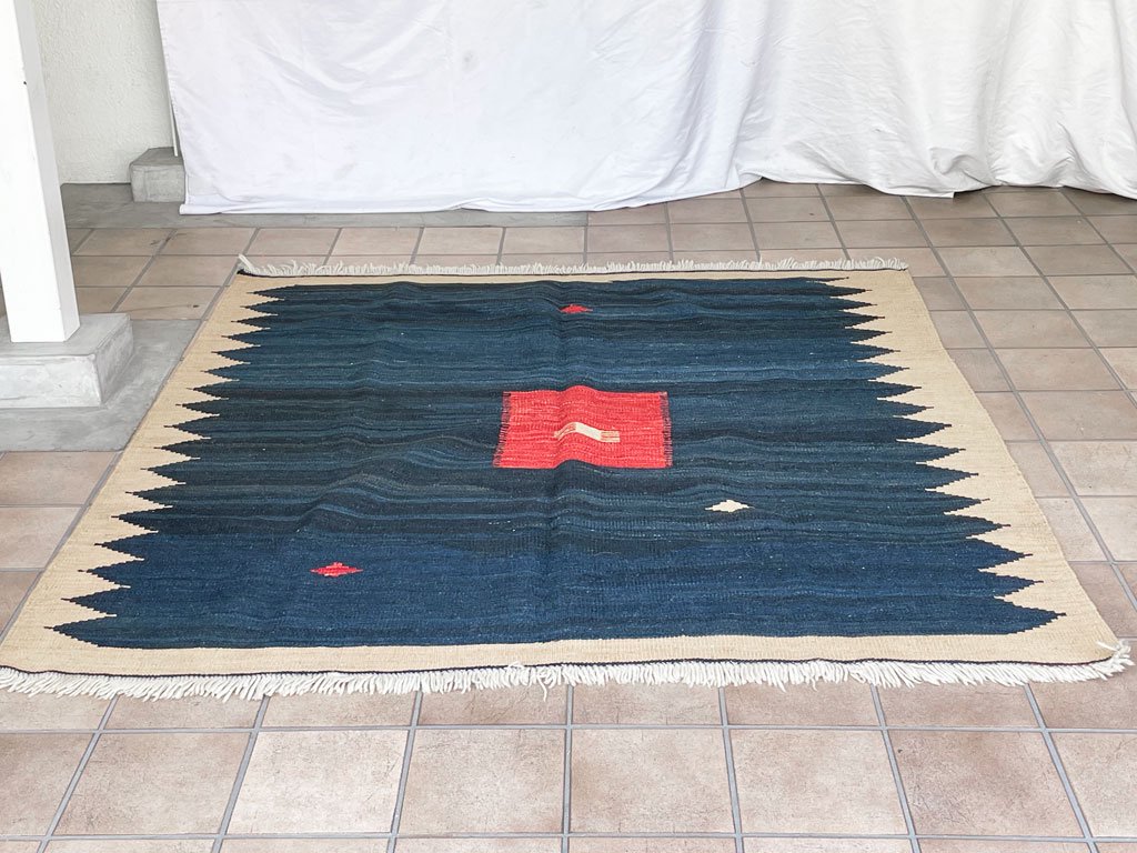 ビンテージ Vintage キリムラグ 絨毯 ベージュ × ネイビー アフガニスタン 手織り 160×150cm ◇