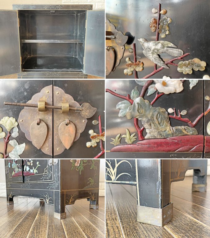 中国家具 玉石細工 キャビネット 飾り棚 開き戸 2段 花鳥図  漆 ナイトテーブル ◎
