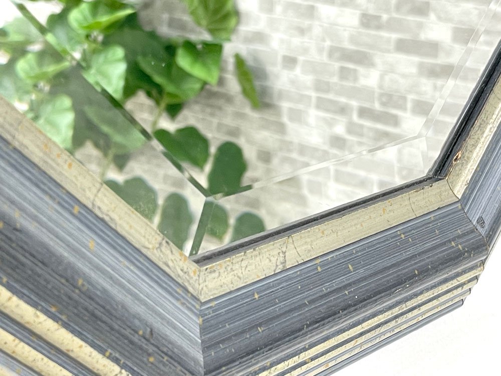イタリア製 オクタゴン ウォールミラー 壁掛け鏡 ウッドフレーム 面取ガラス アンティーク調 クラシカルデザイン ● 