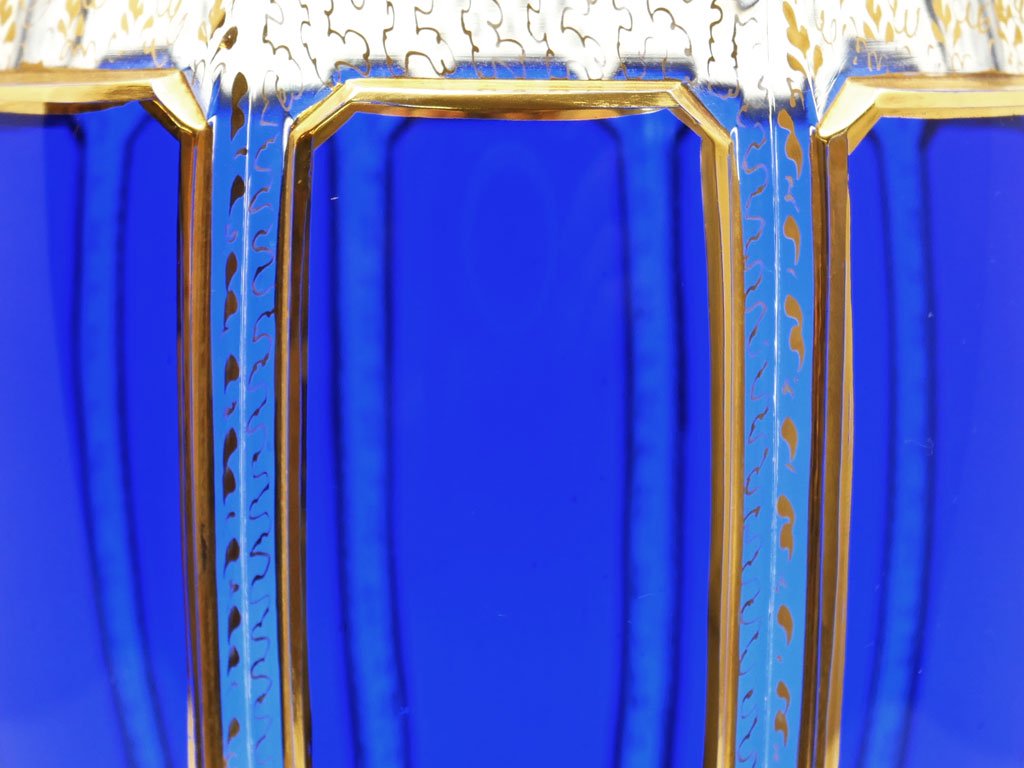 ボヘミア BOHEMIA フラワーベース 花瓶 パネルガラス H19.5 金彩 コバルト ハンドペイント 箱付 ●