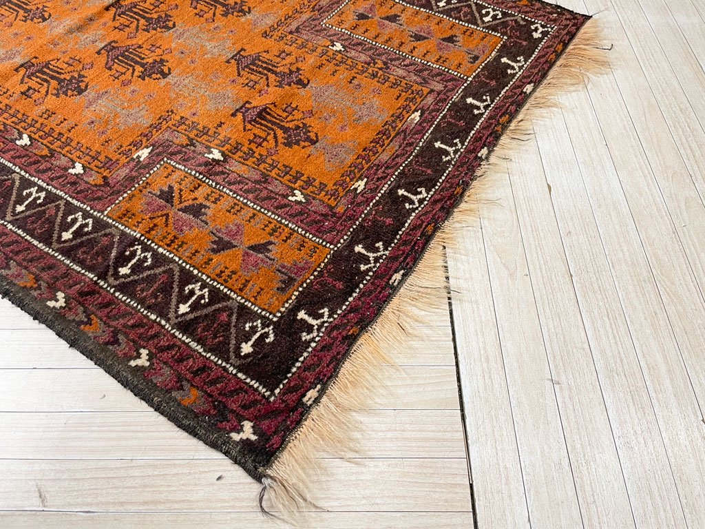 ビンテージ Vintage トライバルラグ バルーチ Bharuch ラグ 絨毯 オレンジ系 イラン アフガニスタン 手織り 幾何学模様 146×93cm ★