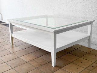 ガラス センターテーブル ローテーブル シャビーシック モダンカントリー ホワイト 110×90cm ◇