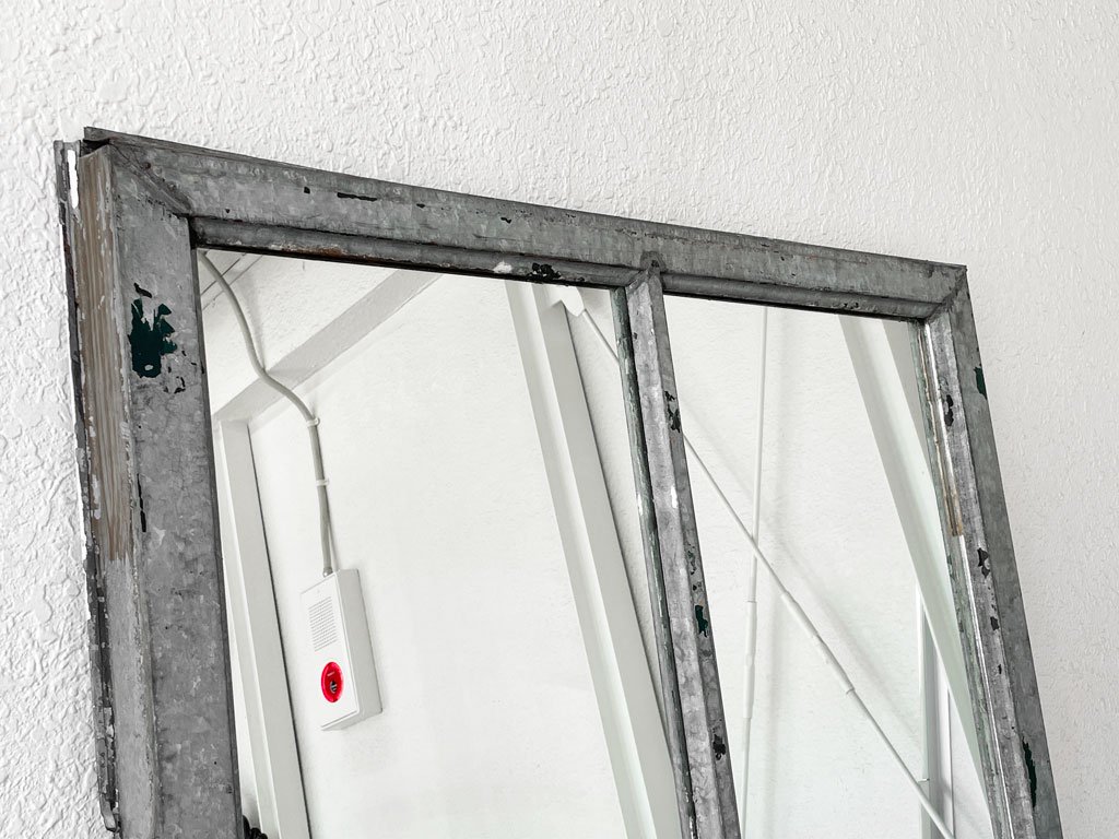 フランスビンテージ France Vintage ブリキ 窓枠型 壁掛けミラー 鏡 ブロカント シャビーシック 大型 W106.5×H105cm ◇ 