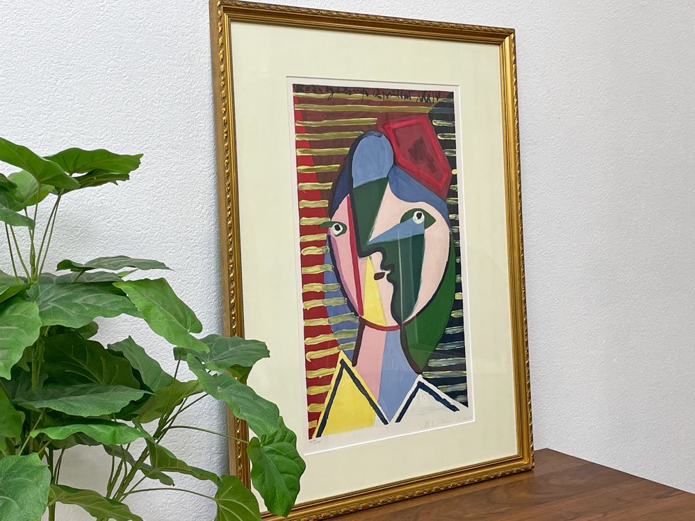 パブロ・ピカソ Pablo Ruiz Picasso 縞模様の女の顔 手刷りリトグラフ 石版画 65×84cm 額装品 500部限定 409/500 シュールレアリスム キュビズム ● 