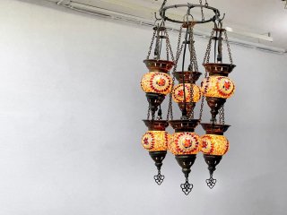 トルコランプ シャンデリア ペンダントライト 6灯 モザイクガラス アイアン 工芸品 LED電球使用可 ●