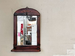 ジャパンビンテージ Japan Vintage 木製ウォールミラー 壁掛け鏡 40×64cm 棚付 木味 古家具 昭和レトロ ◎