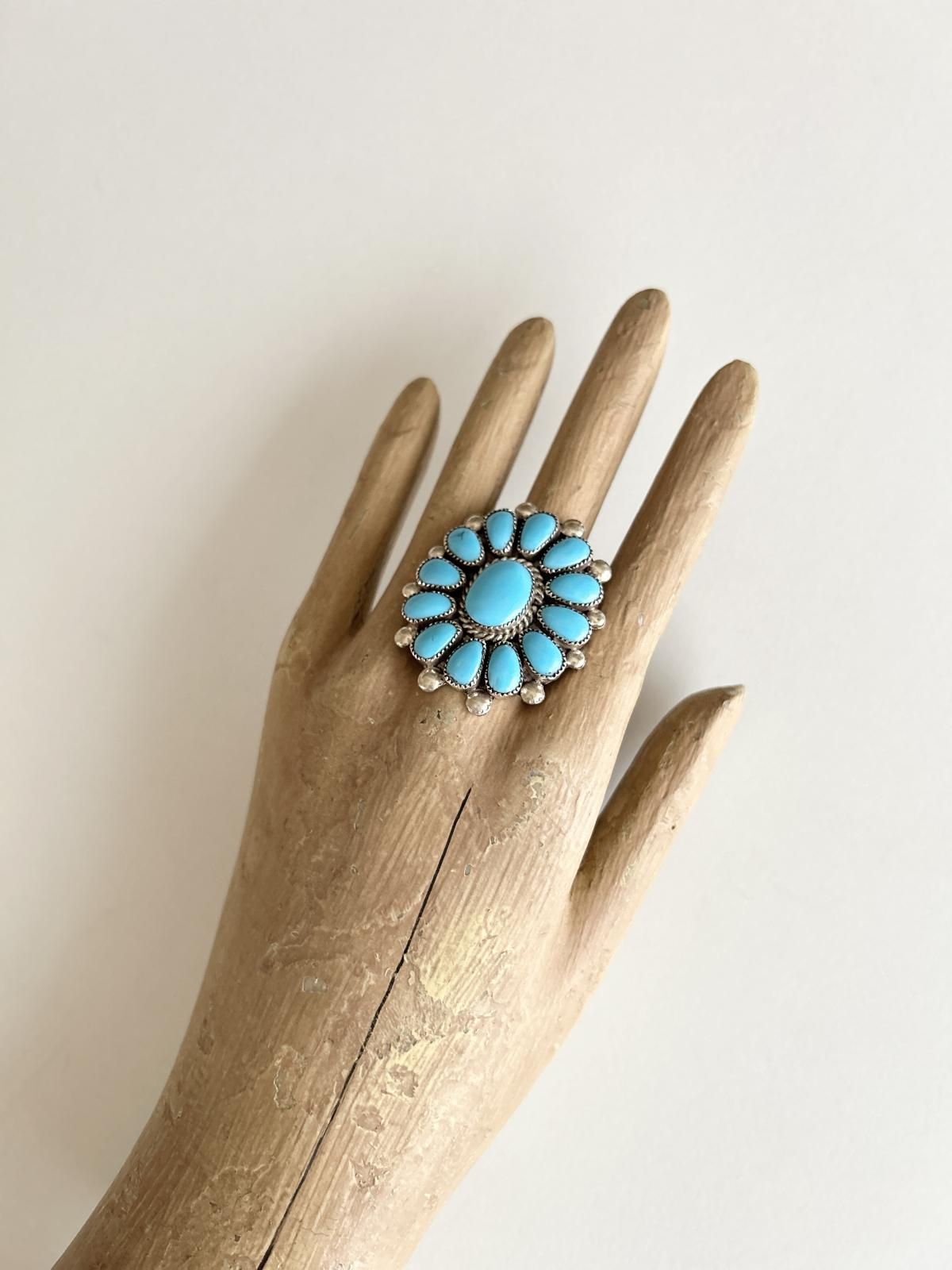 ズニ族 キングマンターコイズクラスターリング 15号 - インディアン