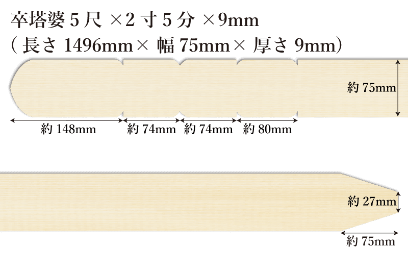 卒塔婆5尺(1496mm)×2寸5分(75mm)×9mm等級B（50本入）