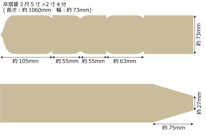 卒塔婆3尺5寸(1060mm)×2寸4分(73mm)×9mm等級B（500本入）