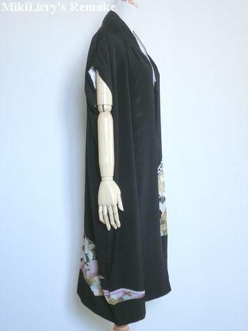 着物リメイク ロングジレ黒＆紫花 ロングベスト