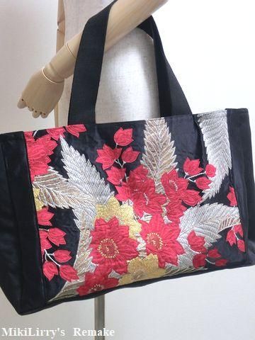着物・帯リメイク素材 黒地にカラフル花柄 袋帯 ファッション 着物