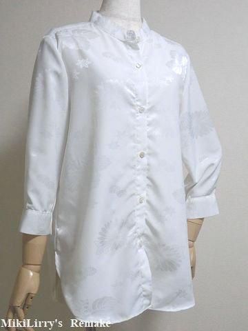 レースグリーン スタンドカラーブラウス 着物リメイク Mサイズ J70401 レース グリーン スタンドカラーブラウス シアー 着物リメイク