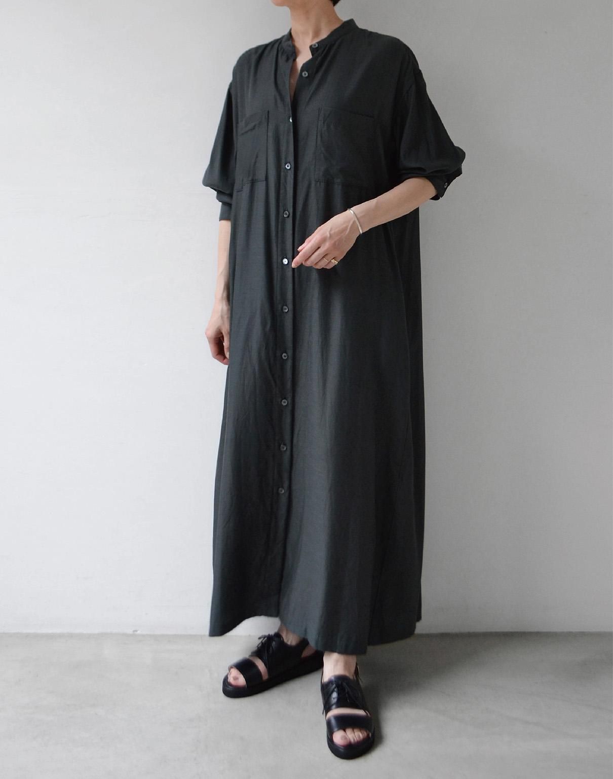 WIRROW cupro cotton stand collar shirt dress dark gray