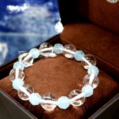 完全天然純粋な水晶　ヒマラヤ水晶12mm玉、アクアメリアン10ｍｍ　腕サイズ16cm　箱プレゼント付き