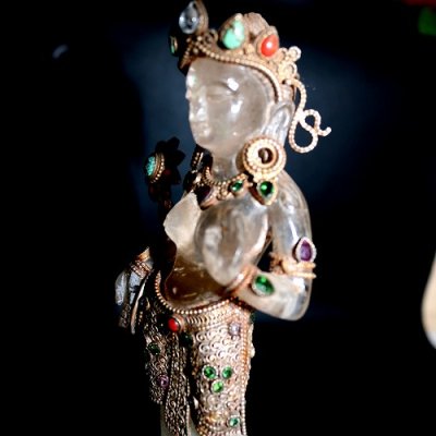 ★スタンドターラ像(200mｍ) ヒマラヤ水晶銅とシルバー製アンティーク風の仏像