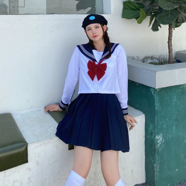 柔らかい 白半袖 セーラー服 JK制服 女子高生 リボンタイ コスプレ AI