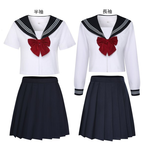 セーラー服 コスプレ 本格 白 5サイズ 制服 学生服 JK 女子高生 赤いリボン 三本線 大きいサイズ