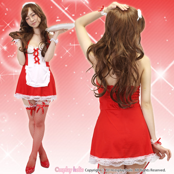 【メイド服】赤白のホルダーネックメイド服