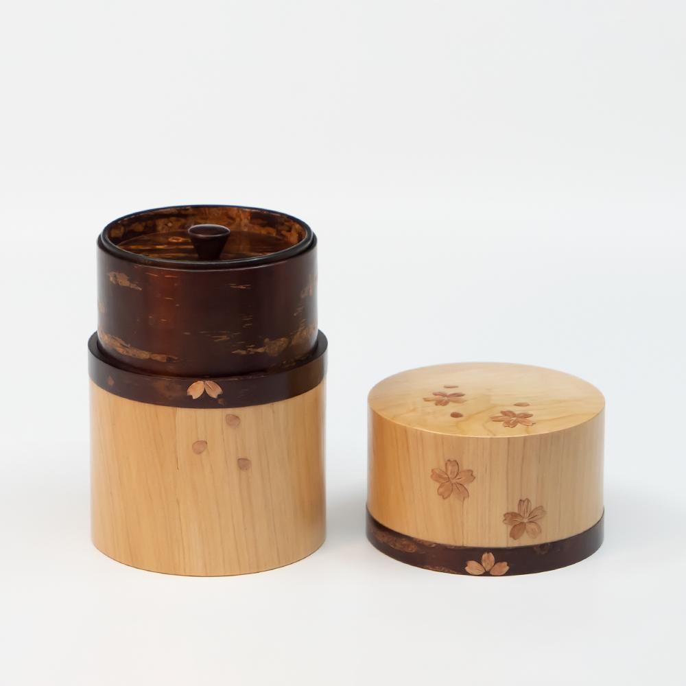 桜とヒバの茶筒 大 桜吹雪｜角館 樺細工 製造販売元 八柳