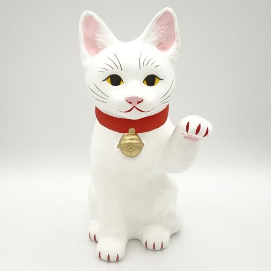 白きつね猫【長浜人形】（大きさ約20センチ）土人形 置物 風水