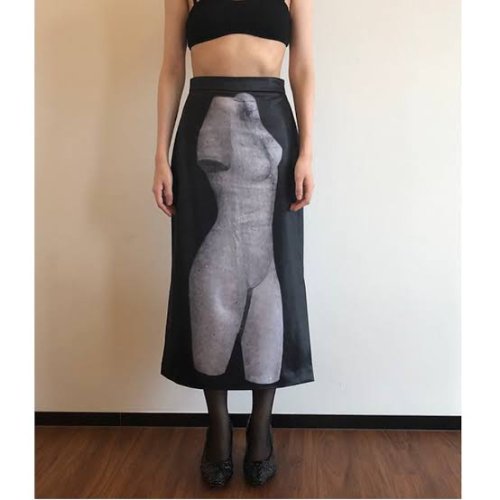 JOHN Black Sculpture Print Midi Skirt ジョン スカルプチャープリント スカート