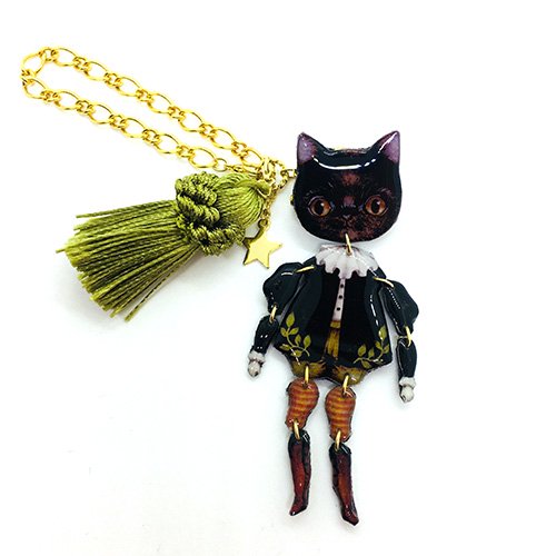 「猫の人形 少年バッグチャーム＆ブローチ 黒」MYSTIC