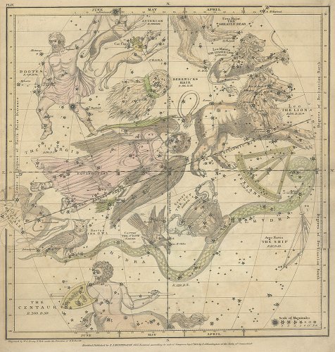 天文図版「バリット星図・4月から6月の星座」（アメリカ 1835年）