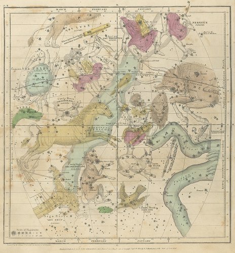 天文図版「バリット星図・1月から3月の星座」（アメリカ 1835年）