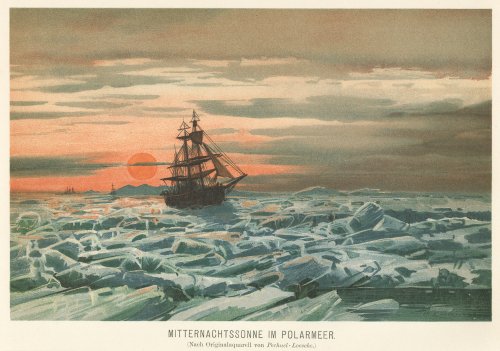 天文図版「MITTERNACHTSSONNE IM POLARMEER.」北極海の真夜中の太陽（ドイツ 1898年）