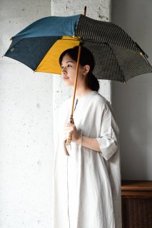 会津木綿パラソル　別注色(からし×黒緑×棒縞)　手元竹　日傘