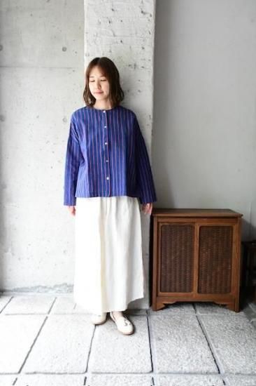 ヤンマ産業 会津木綿丸首ボタンシャツ ショート丈 わたる縞 AMK-SH-S