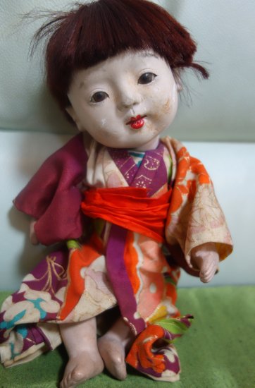即納！古い市松人形 アンティーク 27㎝ 日本人形 雛人形 古雛 縮緬着物 