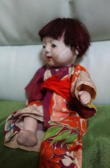即納!古い市松人形 アンティーク 27㎝ 日本人形 雛人形 古雛 縮緬着物