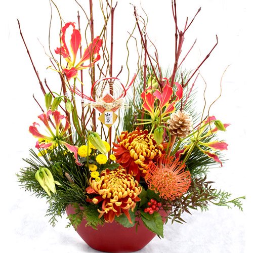 迎春 お正月 玄関飾り グロリオサ＆マム  紅彩 -KUREHA-生花