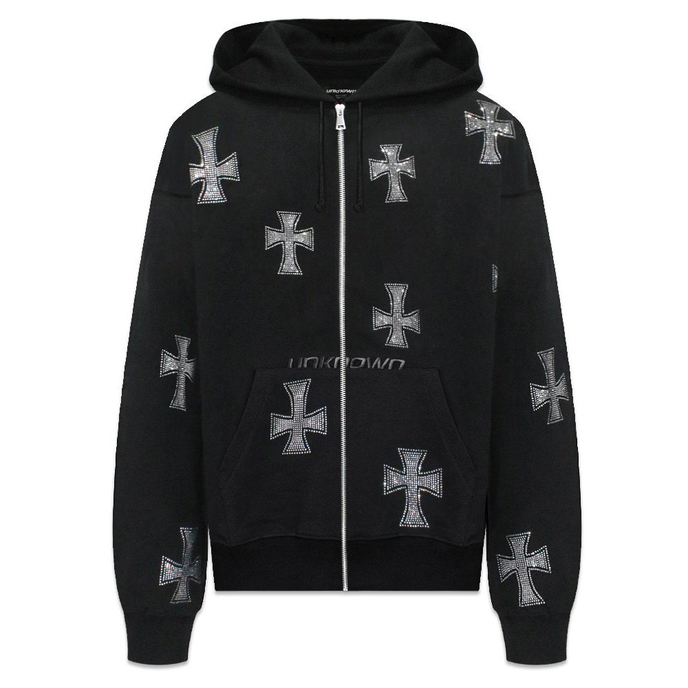 UNKNOWN LONDON アンノーンロンドン Cross Rhinestone Zip Hoodie クロスラインストーン ジップアップパーカー グレー/ブルー