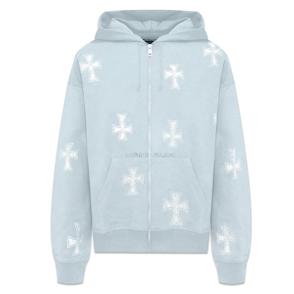 UNKNOWN LONDON アンノーンロンドン Cross Rhinestone Zip Hoodie クロスラインストーン ジップアップパーカー グレー/ブルー