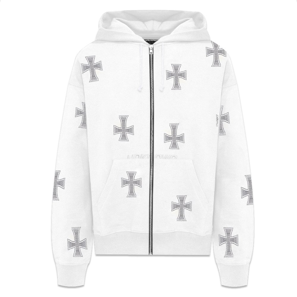 White Rhinestone Cross Zip Up XLサイズ