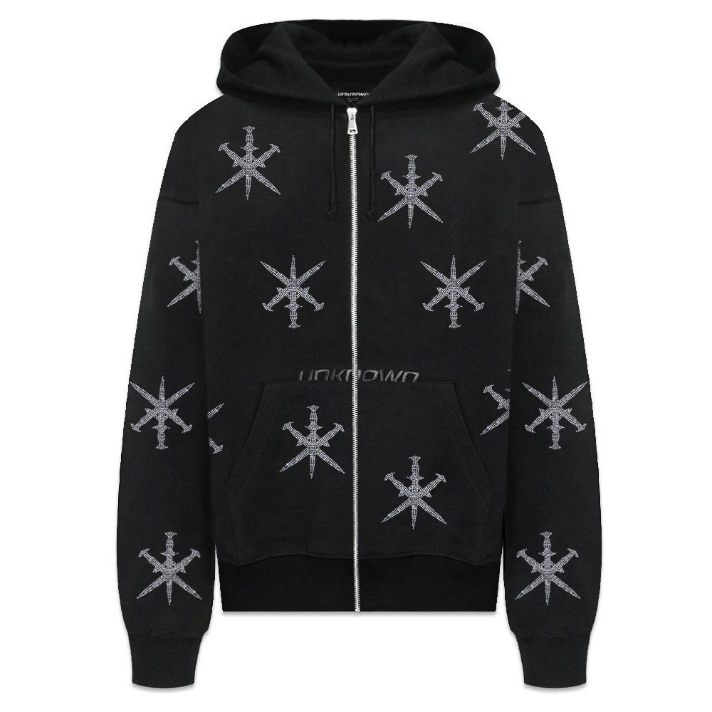 Black Cross Rhinestone Cross Zip Up XLラインストーン - トップス