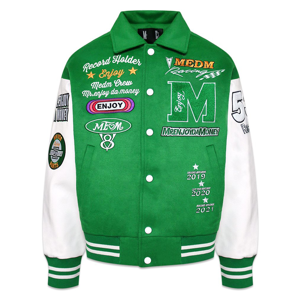 MR.ENJOY DA MONEY(ミスター・エンジョイ・ダ・マネー)商品ページ - MEDM Embroidery Varsity Jacket -  Green - VENTURER(ベンチュラー)