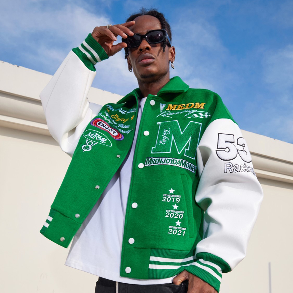 MR.ENJOY DA MONEY(ミスター・エンジョイ・ダ・マネー)商品ページ - MEDM Embroidery Varsity Jacket -  Green - VENTURER(ベンチュラー)