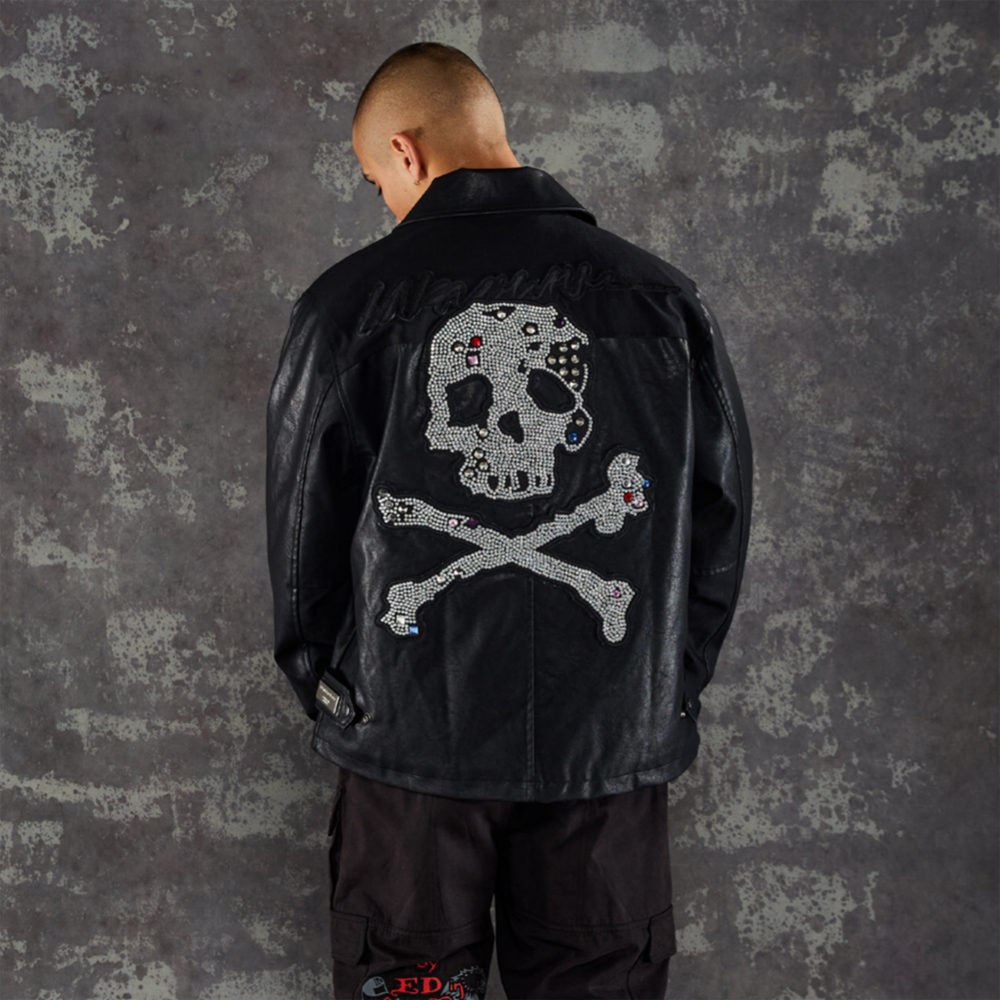 unknown london jewel skeleton lether jacket／ブラック フェイク