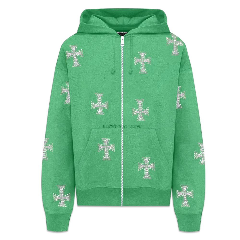 UNKNOWN LONDON(アンノウン・ロンドン)商品ページ - Cross Rhinestone Zip Up Hoodie - Green -  VENTURER(ベンチュラー)