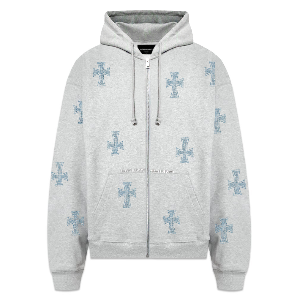 UNKNOWN LONDON アンノーンロンドン Cross Rhinestone Zip Hoodie ...